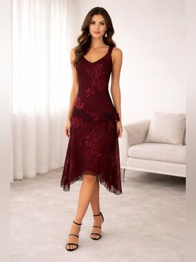 Vintage Jonathan Martin SilkBurgundy Floral High-Low V-Neck Dress VTG Y2k 90s